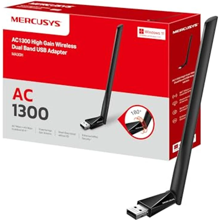 Mercusys MA30H AC1300 High Gain USB WLAN Stick Adapter mit Antennen, Dualband-Geschwindigkeit bis zu 867 Mbit/s, Kompatibel mit Windows 11/10 (32/64 bit) – Bild 1