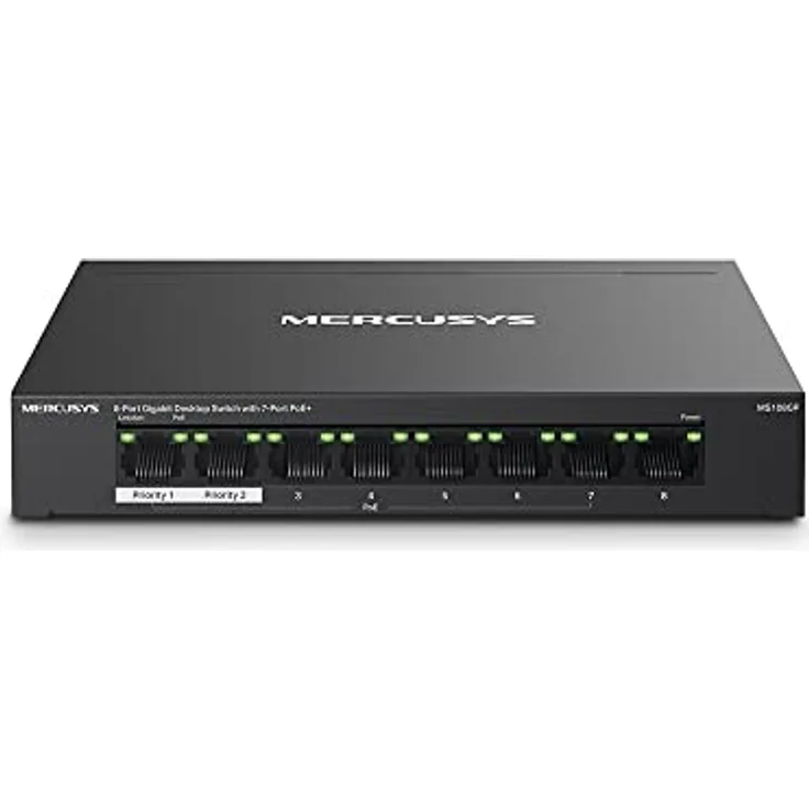 MERCUSYS MS108GP PoE Switch 8-Port Gigabit LAN Switch mit 7 PoE+ Ports, 802.3af/at PoE, lüfterlos, Robustes Metallgehäuse
