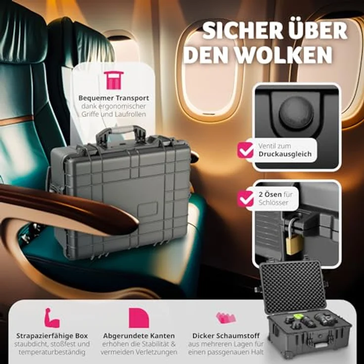 tectake Transportkoffer leer mit Schaumstoff, Universalkoffer mit Rollen, wasserdichter Trolley, Outdoor geeignet, stoßfest, Kamera Zubehör 45 x 26 x 58 cm – Bild 4