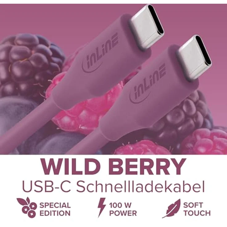 InLine Colour your Charge USB C Kabel 100W, PD Schnellladekabel, flexible Silikonummantelung, für iPhone, iPad, Galaxy S23, Pixel Tablets, 0,5m, Wild Berry (lila) – Bild 2