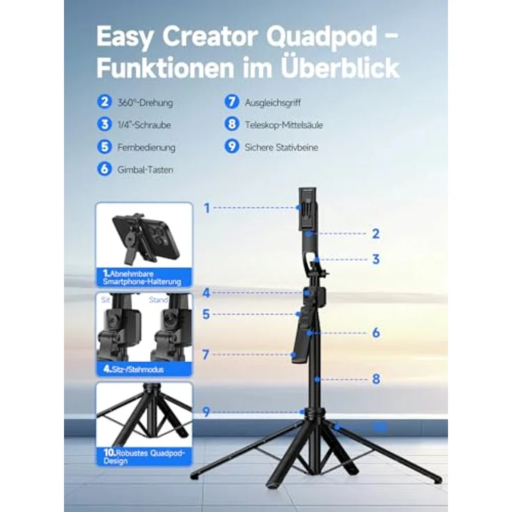 Rollei Easy Creator Quadpod mit AI Tracking, Höhenverstellbar bis 1,63 m, stabile Quadpod-Basis für verwacklungsfreie Videos – Bild 9