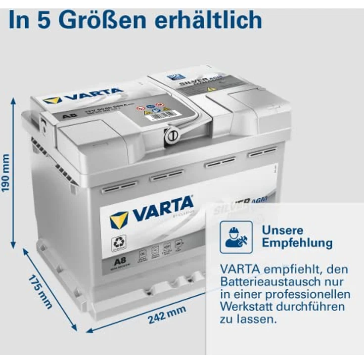 VARTA A8 Silver Dynamic AGM, 12V 60Ah 680A Autobatterie für Start-Stop-Systeme, auslaufsicher und rüttelfest – Bild 7