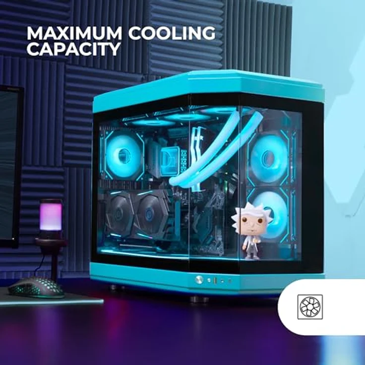 MARSGAMING MC-3T, Custom ATX-Gaming-Gehäuse mit Triple Window Hartglas, Flüssigkeitskühlung, Dual Side Kamera, Vertikale PCI Slots, USB-C und USB 3.0, Blau – Bild 5