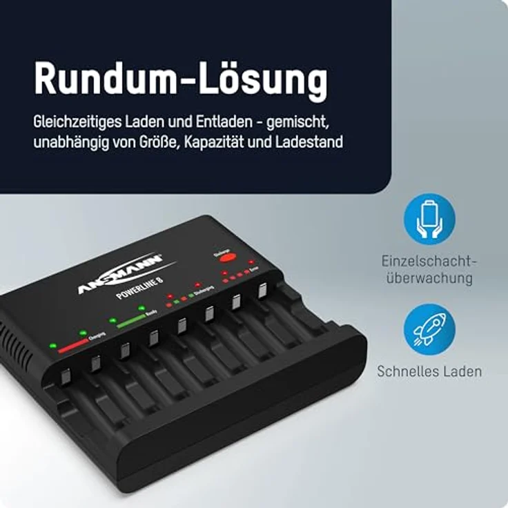 ANSMANN Akku-Ladegerät zum Laden & Entladen von 8x AA-AAA NiMH Akkus - 8-fach Batterieladegerät mit Einzelschachtüberwachung, automatische Abschaltung, Erhaltungsladung & USB Lader - Powerline 8 – Bild 4