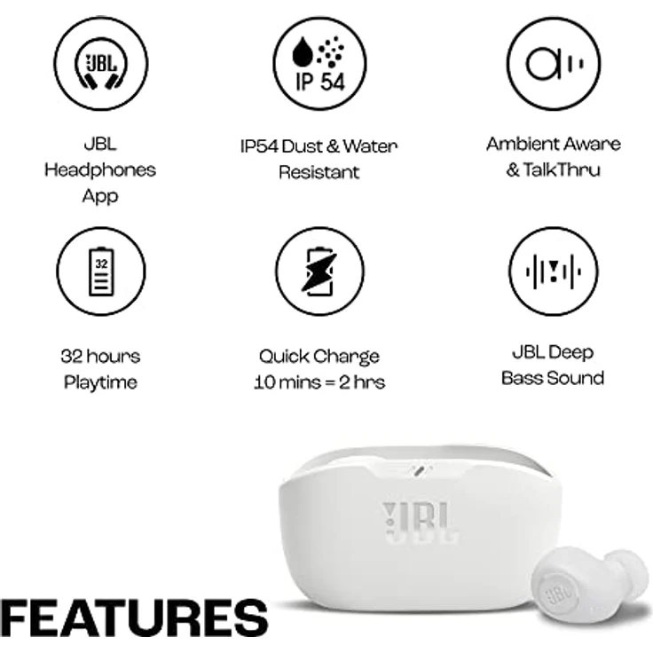 JBL Wave Buds – Kabellose In-Ear Ohrhörer mit IP54 und IPX2 Wasserdichtigkeit – Kraftvoller Bass und 32 Stunden Akkulaufzeit – In Weiß – Bild 2