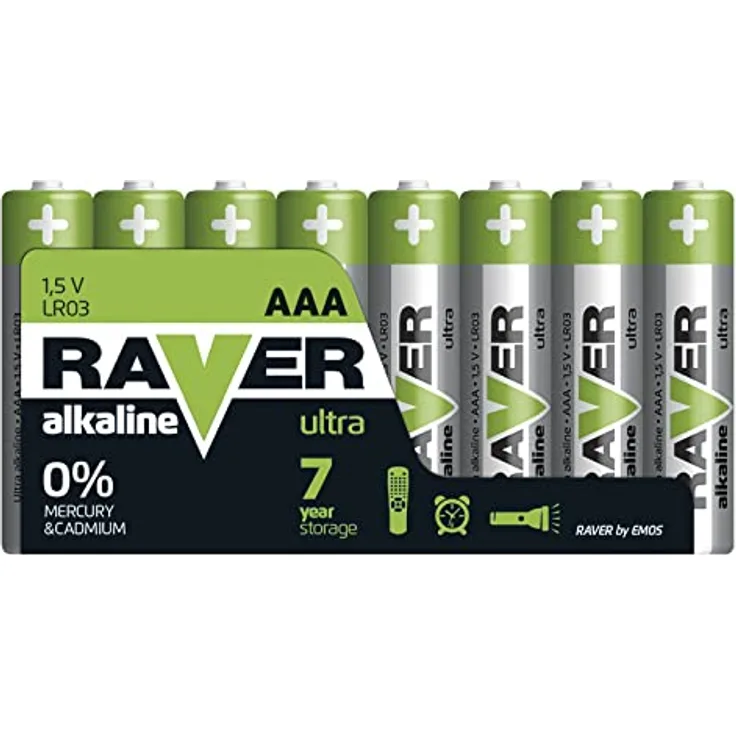 EMOS Raver Ultra Alkaline AAA Micro Batterien 1,5V, LR03, 8 Stück Vorratspack, 7 Jahre lagerfähig
