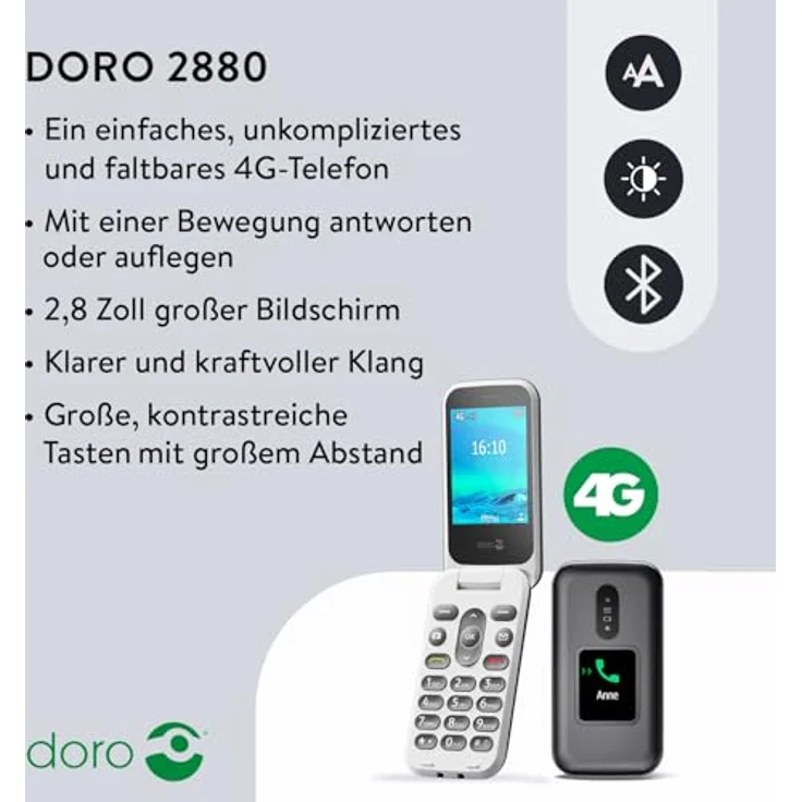 Doro 2880 4G Klapphandy für Senioren - Notruftaste - Einfach zu bedienen - Sprachgesteuerte Tasten - Bluetooth (Rot) – Bild 2