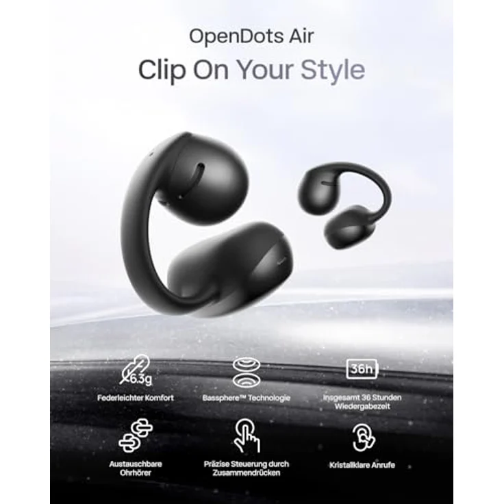 SHOKZ OpenDots Air Open-Ear-Kopfhörer, ultraleicht 6,3 g, mit Clip-on, Deep Bass, 36 Std. Wiedergabezeit, Bluetooth 6.1, IP55, Schwarz – Bild 2