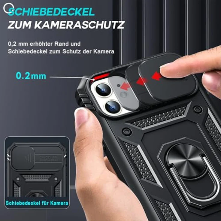 LeYi iPhone 11 Hülle mit 2X Panzer Glas, 360° Ring Halterung, Kameraschutz Schiebe, Schwarz – Bild 2