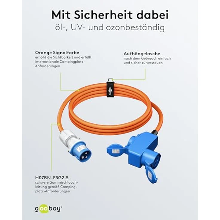 Goobay Camping Adapterleitung 1,5 m orange, CEE-Verlängerungskabel, öl- und UV-beständig, 3-fach Anschlussbuchse, IP44 Schutzart – Bild 4