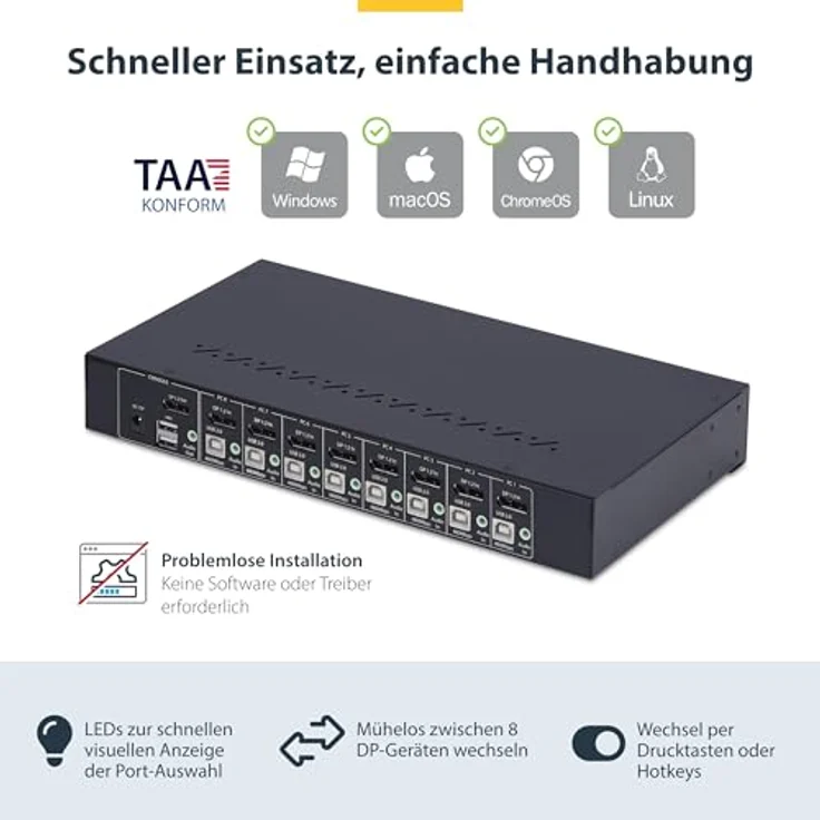 StarTech.com 8 Port DisplayPort KVM Switch, 1HE Rackmount, 4K 60Hz DP 1.2, TAA-konform, Hotkey-Umschaltung, USB 2.0 Hub – Bild 3
