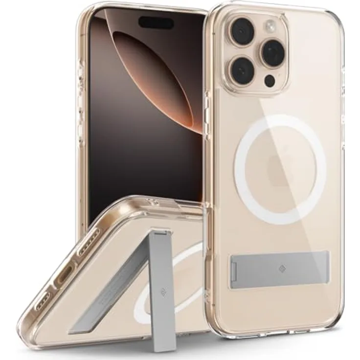 Caseology Capella Mag Kickstand für iPhone 16 Pro Max Hülle - Magnetischer Fallschutz in Militärqualität, Clear White Silver