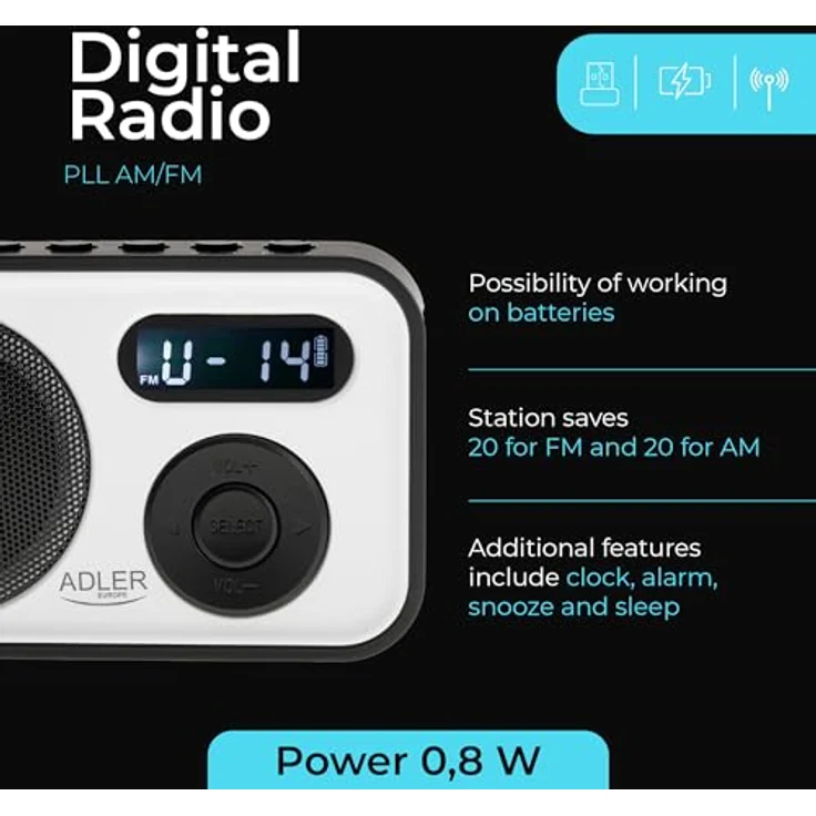 Adler AD 1906 PLL AM/FM Digitalradio, modernes Kofferradio mit USB-C, 20 Speicherplätzen, Alarmfunktion, weiß schwarz – Bild 7