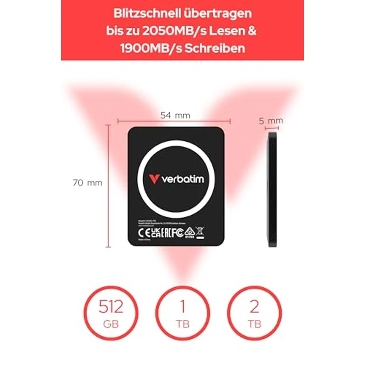Verbatim SnapBack Ultra Slim SSD 2TB, Externe SSD mit 2050 MB/s Lese- und 1900 MB/s Schreibgeschwindigkeit, Schwarz – Bild 4