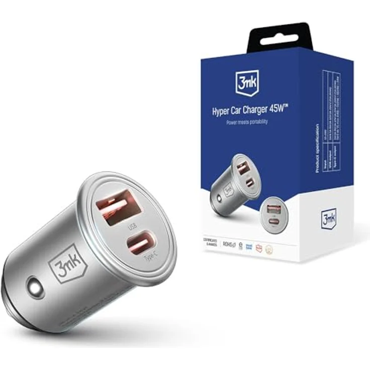 3mk Hyper Car Charger 45W, Ultrakompaktes Zigarettenanzünder-Ladegerät mit Dual USB und USB-C Port, Silber – Bild 1