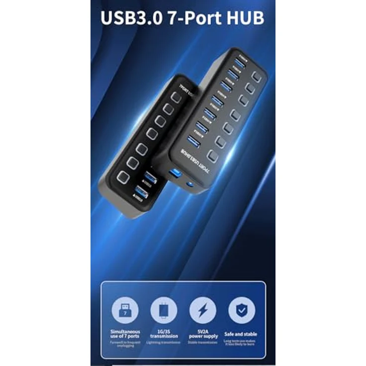PremiumCord SuperSpeed USB Hub 7x USB Typ A, USB 3.2 Gen 1 5Gbps, Portswitch mit Hot-Plug und LED, schwarz, Kabellänge 1m – Bild 3