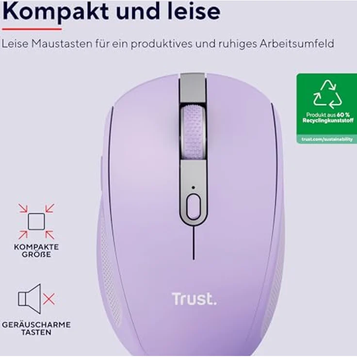 Trust Ozaa Leise Kabellose Maus Bluetooth + 2.4GHz, Kompakte Mehrgeräte Funkmaus, 60% Recyclingkunststoff, Wiederaufladbare Bluetooth Maus Laptop PC Computer Windows Android Mac - Purpur – Bild 2