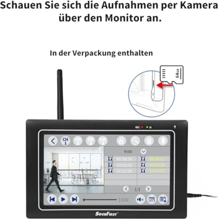 SecuFirst 2K Überwachungskamera Aussen mit Innen Monitor, 7" Sensorbildschirm NVR + 2X Outdoor Kamera Überwachung Babyphone Arbeiten ohne WLAN,AI Bewegungsmelder,64GB SD-Karte.Gegensprech, IP66 wetterfestes Metallgehäuse in Schwarz – Bild 3