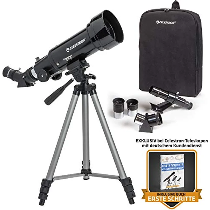 Celestron TravelScope 70 Teleskop 70/400 Reiseteleskop mit Aluminium-Stativ und Rucksack, für Natur- und Himmelsbeobachtungen