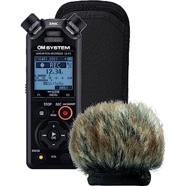 OM SYSTEM LS-P5 Windschutz, Outdoor Kit - Hi-Res Audiorekorder mit TRESMIC II 3-Mikrofonsystem inklusive Windschutz, Softcase, Micro-USB-Kabel, wiederaufladbare Akkus