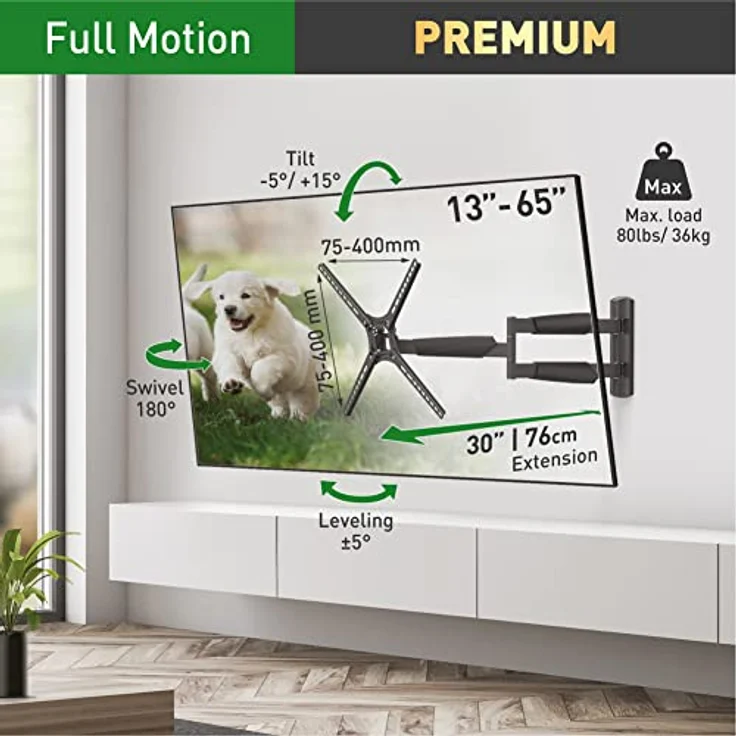 Barkan 76cm Lange TV Wandhalterung, 13-65 Zoll Schwenkbar/Neigbar/Vollbewegung flach & Curved Fernseher TV Halterung, hält bis 36Kg, extra Langer Auszug, für LED OLED LCD, Max. VESA 400x400 – Bild 2