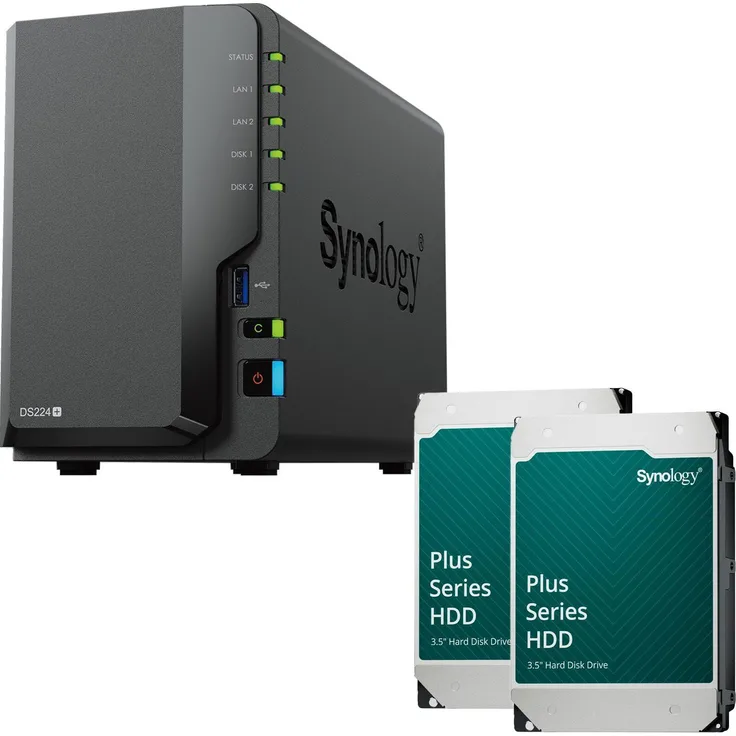 Synology DiskStation DS224+, NAS-Server mit 2 Einschüben, 24TB (2x 12TB) Speicher, Leergehäuse
