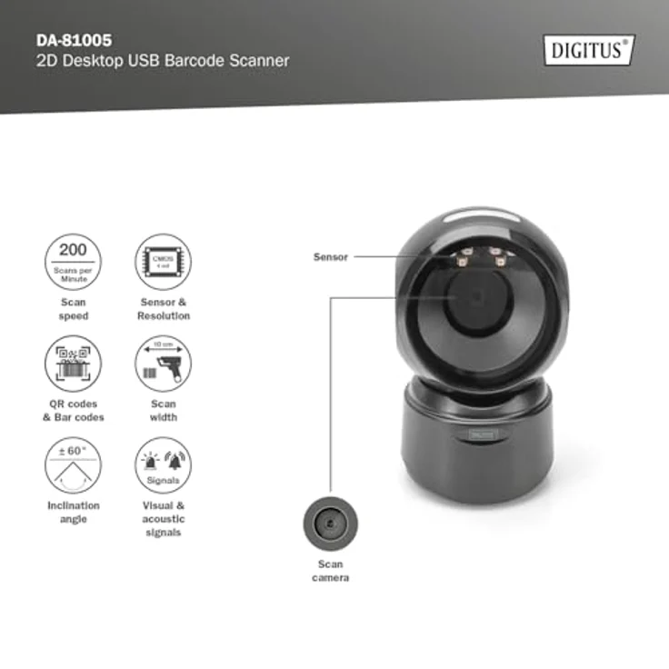 DIGITUS DA-81005 – 2D Barcodescanner – Omnidirektionaler Desktopscanner – 200 Scan/s – 10 cm Scanweite – 1,4 m USB-Kabel – Strichcodes & QR-Codes – Schwarz – Bild 2