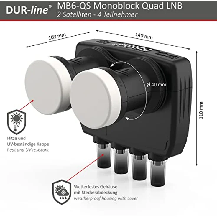 DUR-line 6° Monoblock Quad LNB - Astra 19,2°E + Hotbird 13°E - 4 Teilnehmer & 2 Satelliten (MB6-QS) - Full HD, 4K, 8K, 3D - Wetterfest + Mobilfunk-Abschirmung, Schwarz – Bild 3