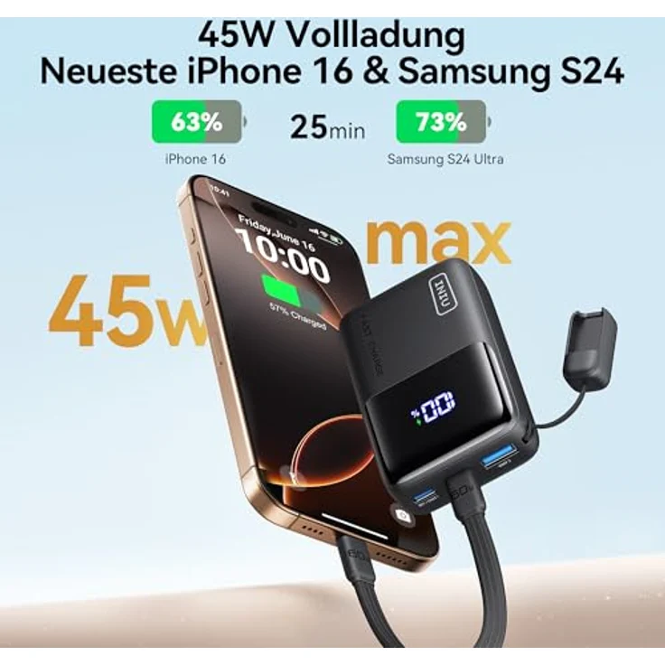 INIU Mini Power Bank 10000mAh, 45W Schnellladegerät mit USB-C Kabel, kompatibel mit iPhone 16/15/14/13, Samsung, Google, MacBook und iPad – Bild 3