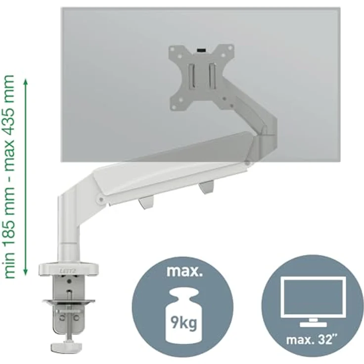 Leitz Ergo Monitorarm für 17–32-Zoll-Monitore, Ergonomischer Ständer mit Kipp- und Drehfunktion, 9 kg Tragkraft, Hellgrau, 64890085 – Bild 4