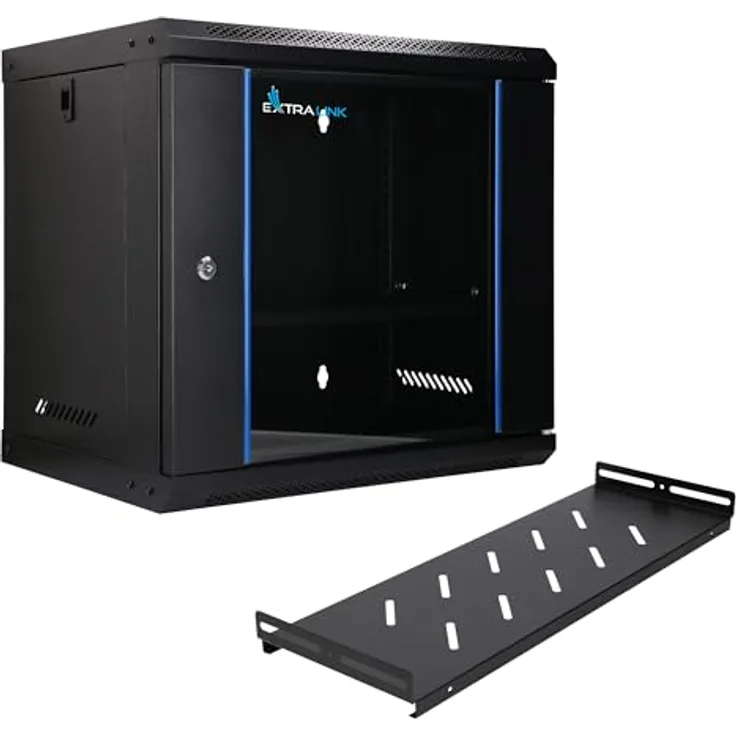 Extralink Serverschrank 19 Zoll 9HE, Netzwerkschrank 400mm Tiefe, Wand- oder Standmontage, Traglast 60 kg, 180° Öffnung, schwarz, inkl. praktischer Regale für Heimnetzwerk & IT-Geräte