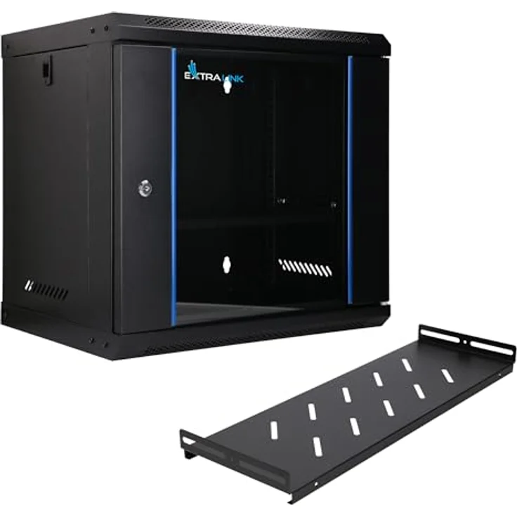Extralink Serverschrank 19 Zoll 9HE, Netzwerkschrank 400mm Tiefe, Wand- oder Standmontage, Traglast 60 kg, 180° Öffnung, schwarz, inkl. praktischer Regale für Heimnetzwerk & IT-Geräte – Bild 1