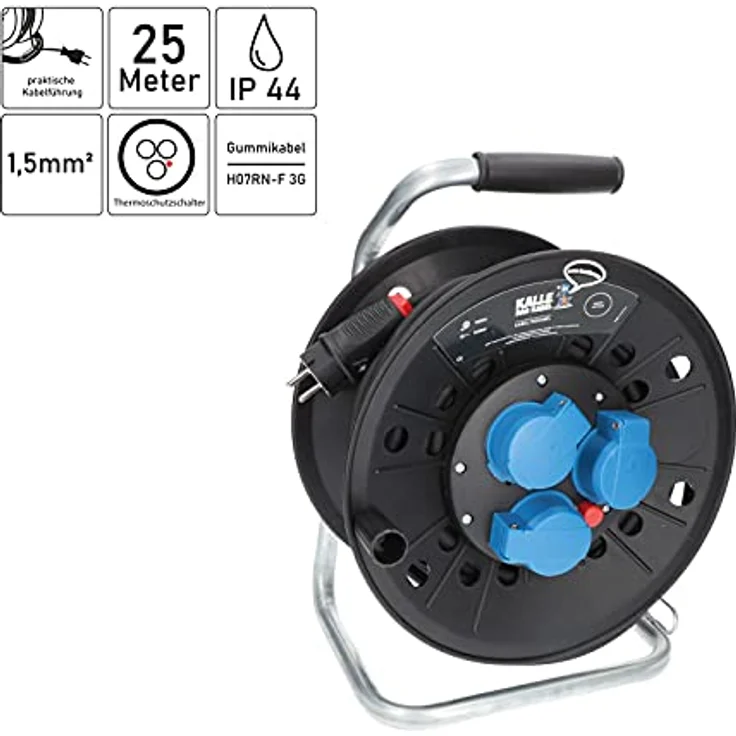 KALLE DAS KABEL Kabeltrommel Classic mit 3 Schukosteckdosen H07RN-F 3G 1,5mm² 25 Meter, 230V, IP44, Gummikabel, Made in Niedersachsen – Bild 2