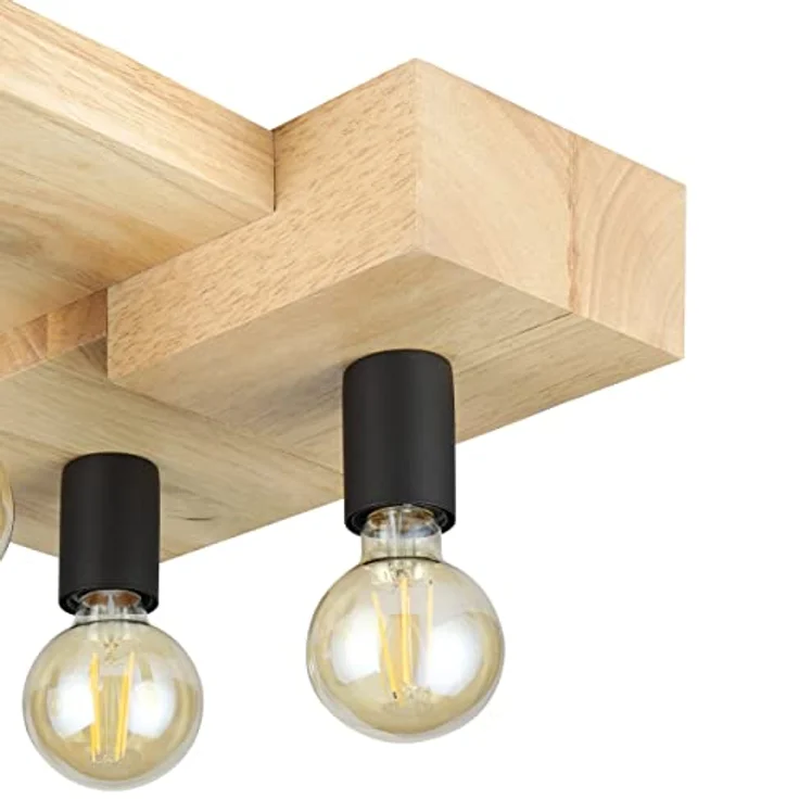 EGLO Deckenleuchte Halkin 4-flammig, natürliche Deckenbeleuchtung, FSC100HB, Holz in Natur und Metall in Schwarz, Wohnzimmerlampe mit E27 Fassung – Bild 4
