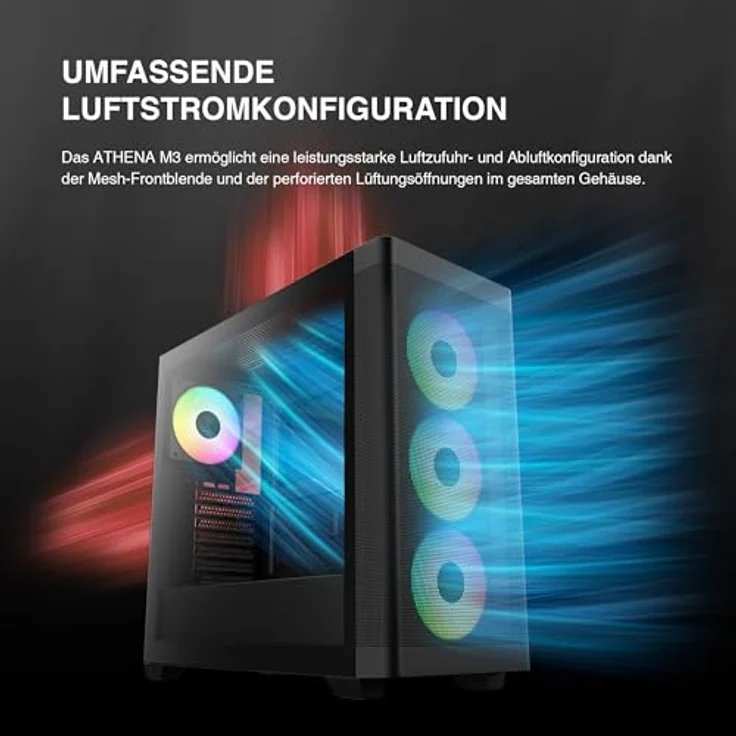 Gamdias Athena M3 GAMING Miditower, E-ATX PC Gehäuse in Schwarz mit 4x120mm ARGB Lüftern und Tempered Glass – Bild 3