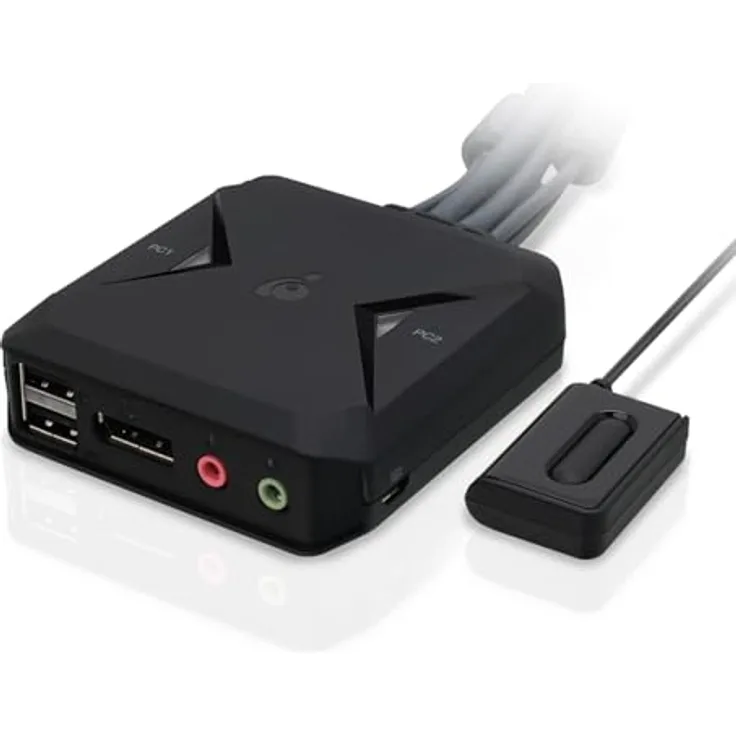 IOGEAR USB KVM Switch DisplayPort 4K@30Hz mit Kabel und Fernbedienung, 2 PCs an 1 Monitor, 7.1 HD-Audio, Windows/Mac/Linux-kompatibel