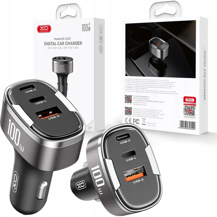 XO CC61 Kfz-Ladegerät, 100W Schnelllader mit 3 Anschlüssen (USB-A, USB-C, Lightning), grau