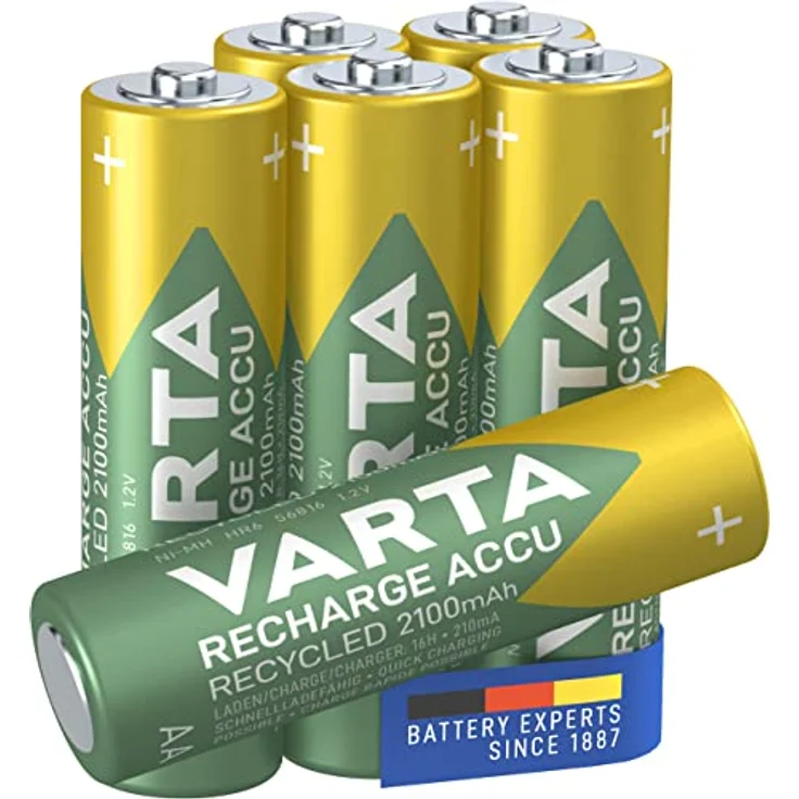 VARTA Batterien AA, wiederaufladbar, 6 Stück, Recharge Accu Recycled, Akku, 2100 mAh Ni-Mh, aus 21% recyceltem Material, vorgeladen, sofort einsatzbereit – Bild 1