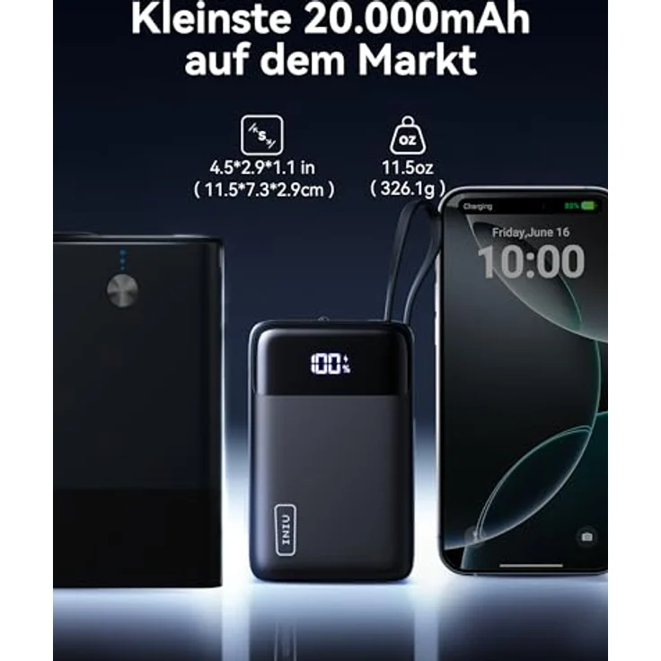 INIU 45W Power Bank, 20000mAh Klein Powerbank mit Integriertem USB-C Kabel, Minigröße Externe Handyakkus USB-C In&Out, Klein Aber Stark für iPhone 16 15 14 13 Laptop Samsung Xiaomi Redmi iPad etc – Bild 3