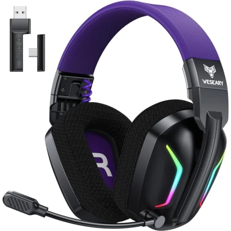 WESEARY Gaming Headset Wireless mit Mikrofon, 60 Stunden Akkulaufzeit, RGB-Beleuchtung, für PS5, PS4, PC, Switch und Smartphones – Bild 1