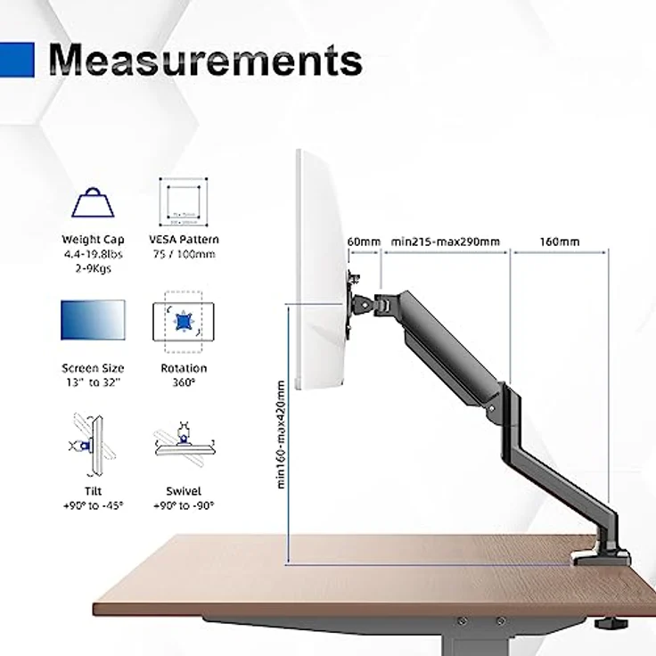 GRIFEMA Monitor Halterung, für 13-32 Zoll Bildschirm, Monitor Stand, Monitor Arm Höhenverstellbar Drehungbar, Monitorhalterung Max 9Kg, Bildschirmhalterung Vesa 75x75 / 100x100, Schwarz – Bild 2