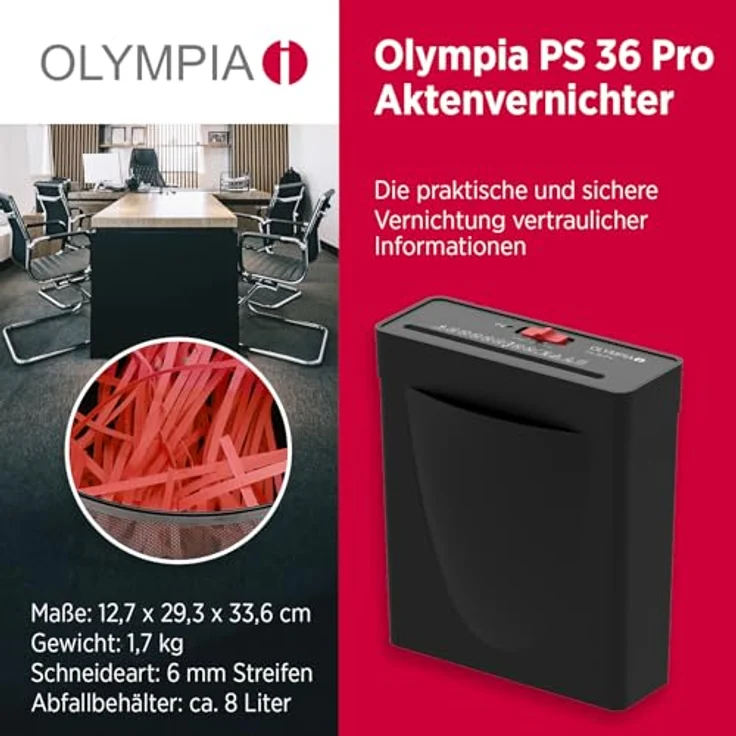 OLYMPIA PS 36 Pro Aktenvernichter, Streifenschnitt P-2, 6 mm, für bis zu 6 Blatt, schwarz, mit Teleskoparm und Rücklauffunktion – Bild 2