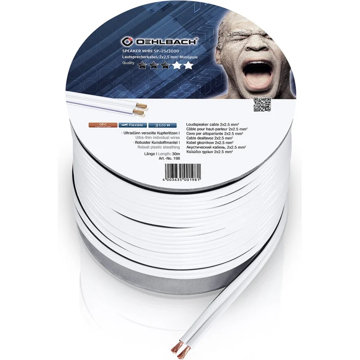 Oehlbach Speaker Wire SP-25, Stereo HI-FI Lautsprecherkabel, Boxenkabel mit OFC (sauerstofffreies Kupfer) 2x2,5 mm Mini Spule Lautsprecher Kabel, Glasklar Transparent, 30m – Bild 1