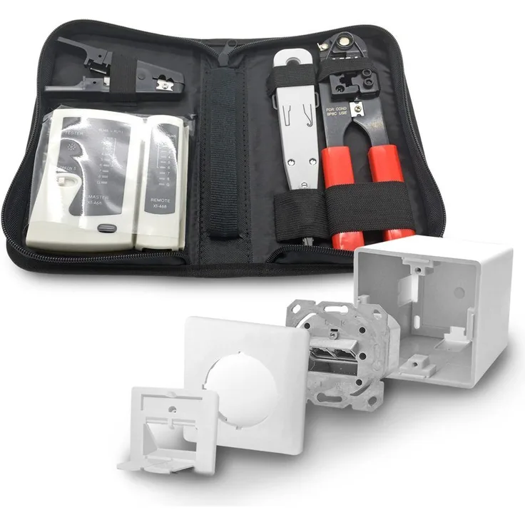 ARLI Netzwerk-Adapter, 1x ARLI Cat6a Netzwerkdose 2 Port + Werkzeugset - Crimpzange Rj45 + Tester + LSA + Kabelmesser Werkzeug Set