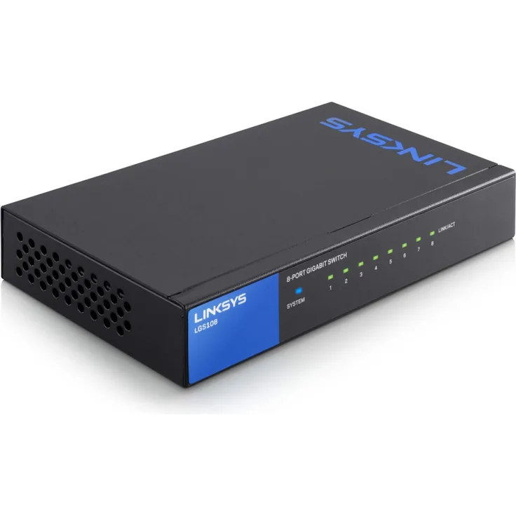 Linksys LGS108-EU 8-Port Unmanaged Gigabit Netzwerk Switch (Lüfterlos, Auto Sensing, Energiesparfunktion) schwarz
