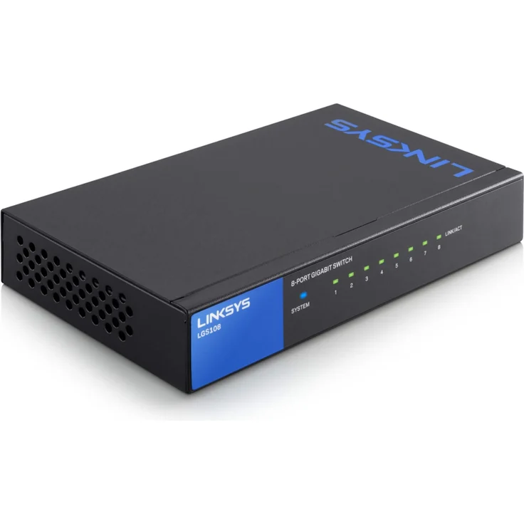Linksys LGS108-EU 8-Port Unmanaged Gigabit Netzwerk Switch (Lüfterlos, Auto Sensing, Energiesparfunktion) schwarz