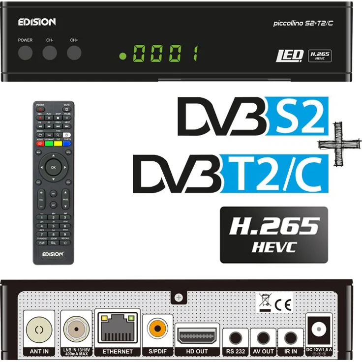 Edision PICCOLLINO S2+T2-C Combo Receiver H.265-HEVC DVB-S2, DVB-T2, DVB-C Full HD USB schwarz – Bild 1