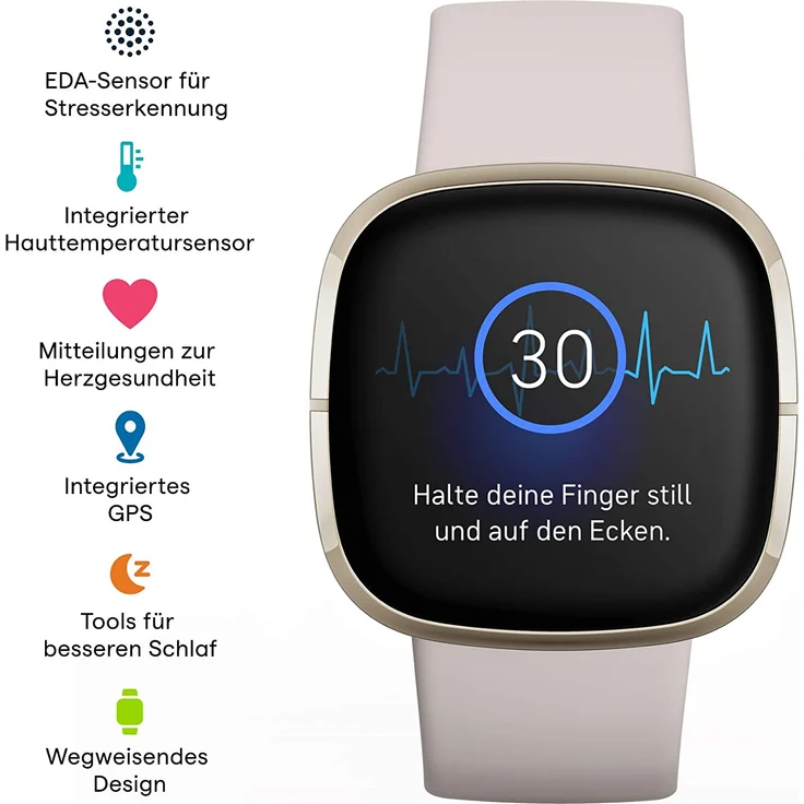Fitbit Sense Smartwatch GPS, Unisex, S/L, Edelstahlgehäuse, Softgold/Mondweiß – Bild 10