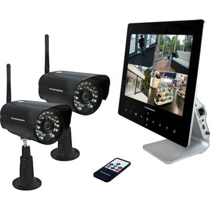Thomson 512330 Videoüberwachungs Set, drahtlos, incl. 9'' Monitor und 2 x 720p HD Kamera, Reichweite bis 300m außerhalb von Gebäuden Video-Überwachung