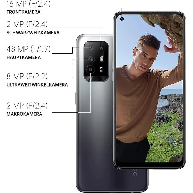 Oppo A94 5G Smartphone 16,26cm (6,42 Zoll) AMOLED-Display, 128GB interner Speicher, 8GB RAM, Dual-SIM, Android 11, Fluid Black – Bild 2